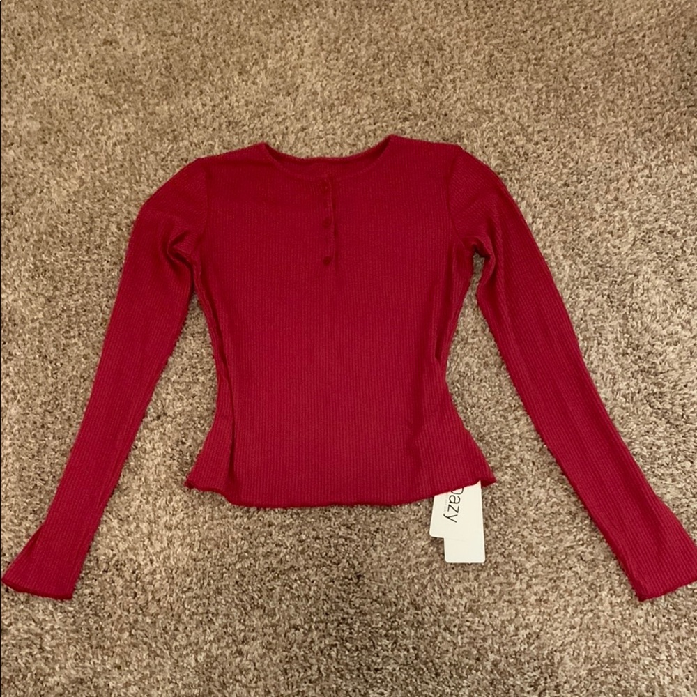 Dazy Women's Red Ribbed Long Sleeve Top